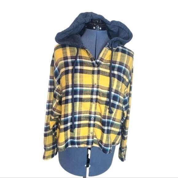 American Eagle hooded yellow plaid flannel button up shacket Large - Picture 1 of 9
